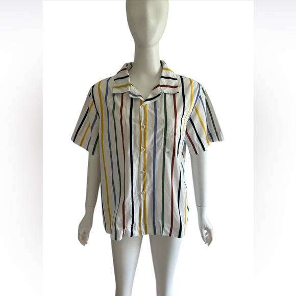 Bellerose Faraway Camp-Collar Cotton-Poplin Shirt Striped Size M Short Sleeve - Picture 2 of 8